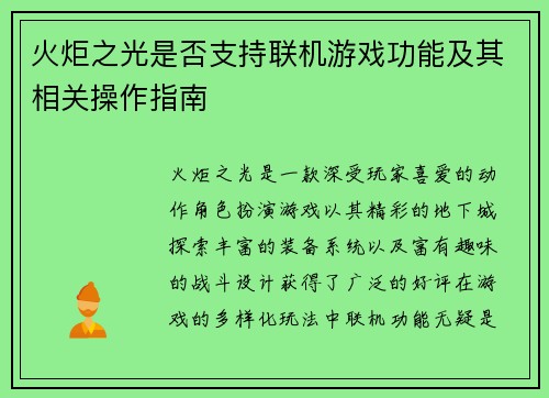 火炬之光是否支持联机游戏功能及其相关操作指南